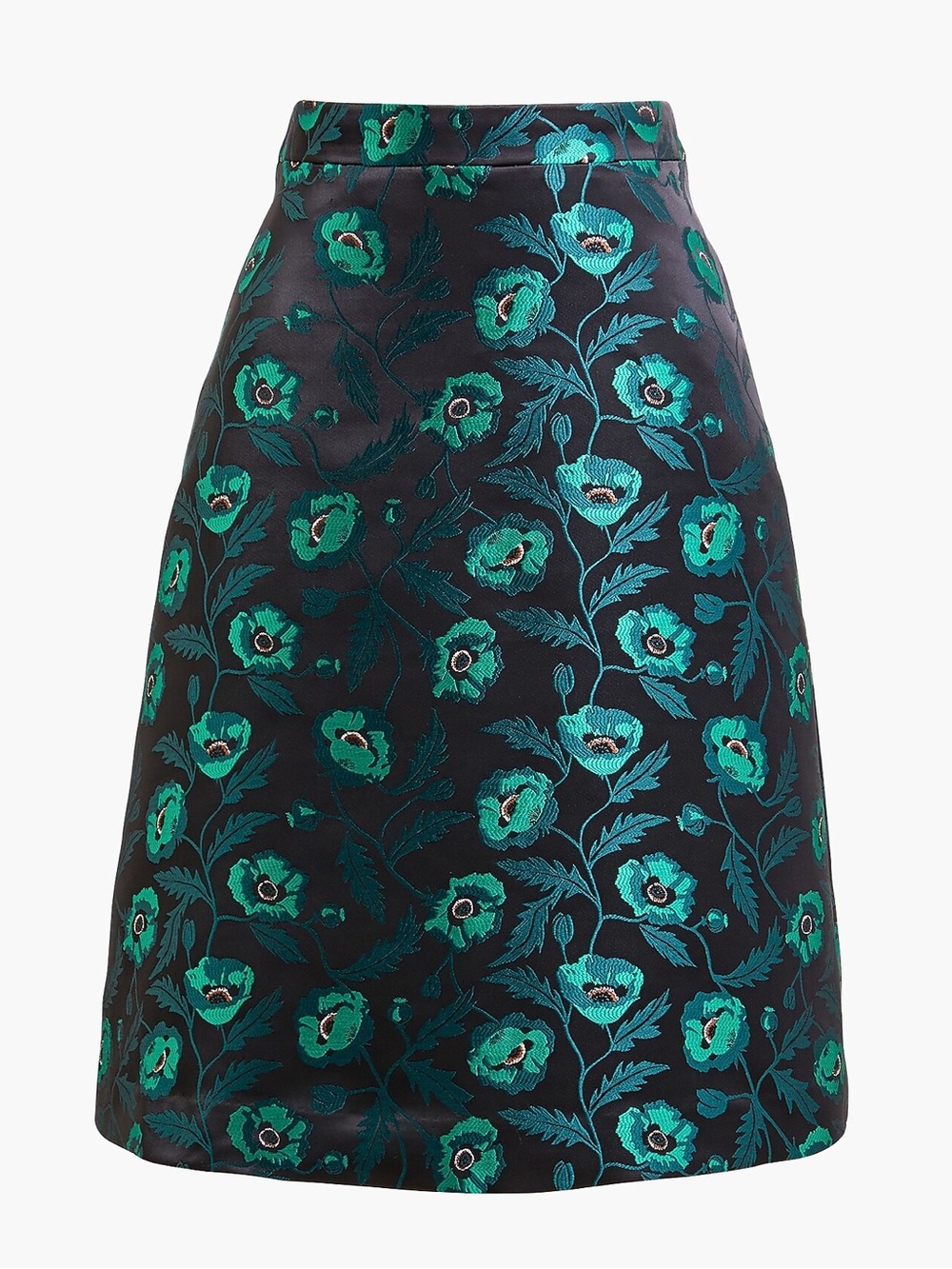 J. CREW Green Black A-Line Foil Poppy Silky Skirt Floral Jacquard 00 Party